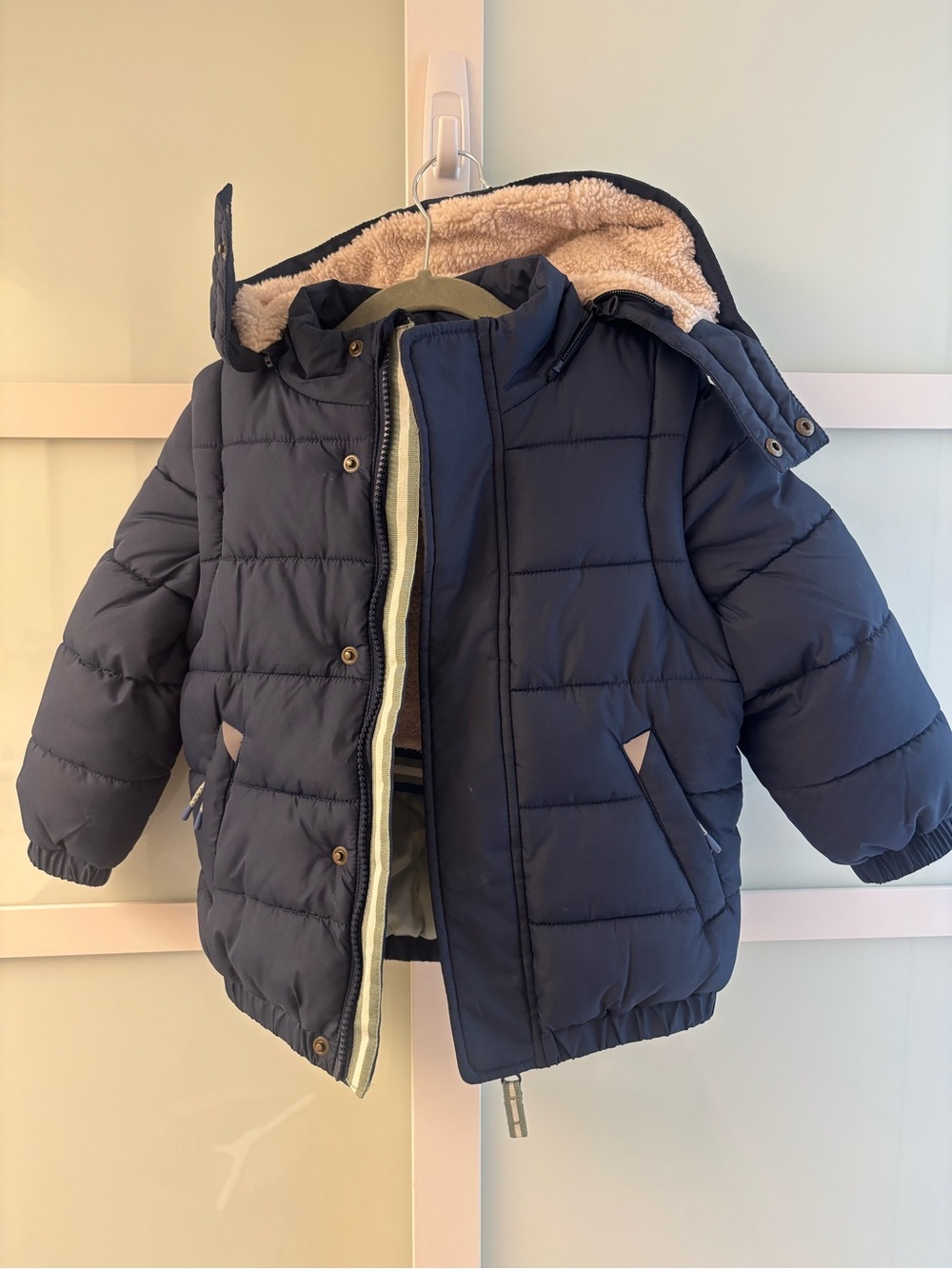 Mini Boden Navy Puffer Jacket with Sherpa Hood